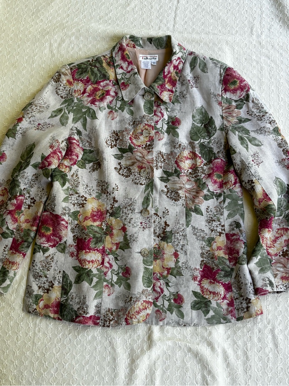 Talbots Floral Button-Up Jacket in Rose & Olive Linen Vng